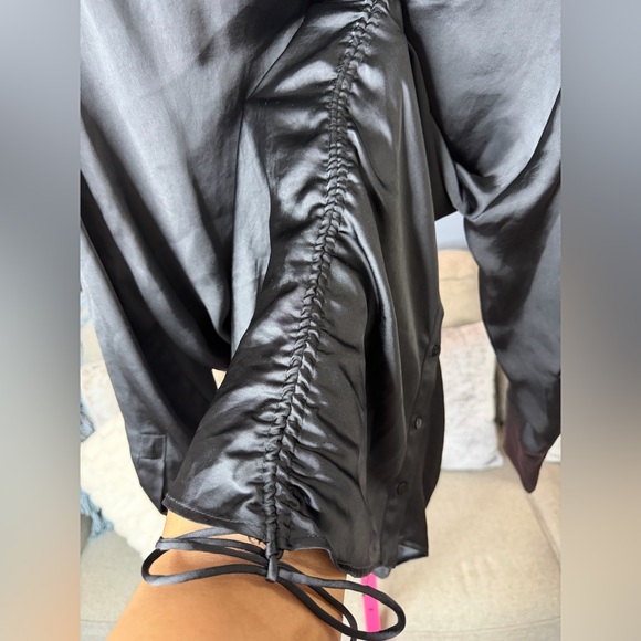 Zara Black Satin Ruched Shirt Dress Long Sleeve Button Front Size S NWT ✨ - Picture 7 of 7